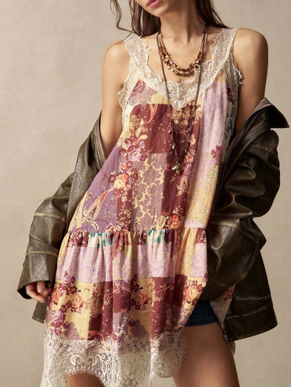 Multicolor Boho Women's Floral Print Contrast Lace Hem Sleeveless Short Dress
